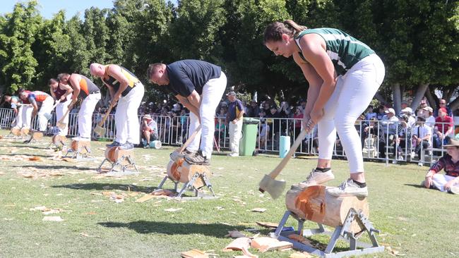 Anne Paterson taking part in the wood chopping. Photo by Richard Gosling