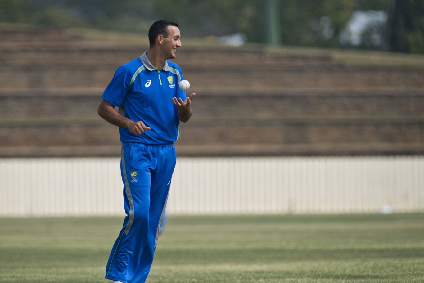 Tony Caccaviello of Australian Country XI prepares to bowl in the game against Bulls Masters in Australian Country Cricket Championships exhibition match at Heritage Oval, Sunday, January 5, 2020. Picture: Kevin Farmer