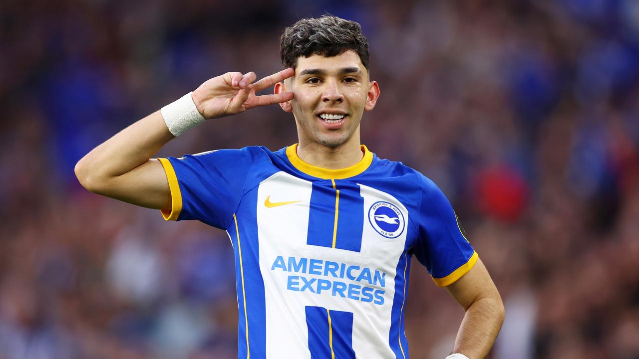 BRIGHTON, ENGLAND – MAY 24: Julio Enciso of Brighton &amp; Hove Albion celebrates after scoring the team's first goal during the Premier League match between Brighton &amp; Hove Albion and Manchester City at American Express Community Stadium on May 24, 2023 in Brighton, England. (Photo by Clive Rose/Getty Images)