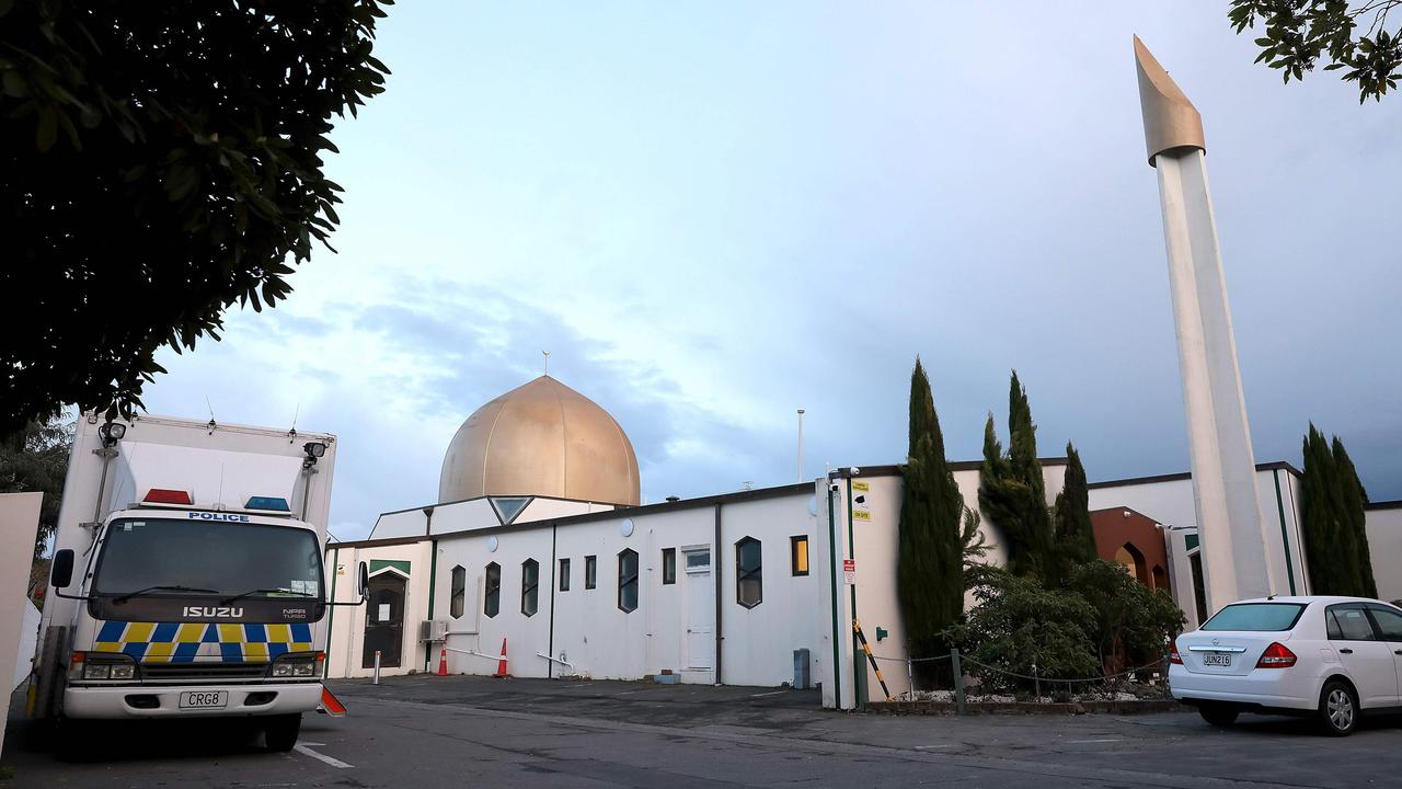 A police vehicle parked by the Al Noor mosque ahead of Brenton Tarrant’s sentencing. Picture: Sanka Vidanagama/AFP