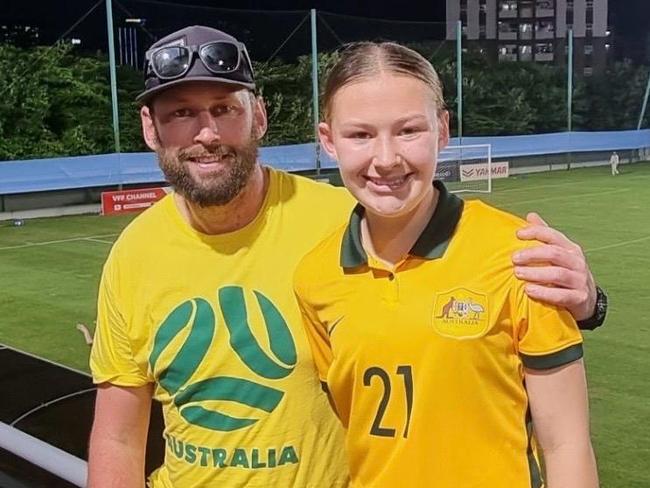 Central Coast Mariners 16-year-old rising star Tiana Fuller with her dad Jason - who was her first coach as a junior. Photo: supplied