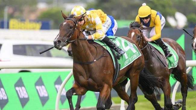 TAB GOLDEN SLIPPER Race 8 - Rosehill Gardens, 23/03/2024, Winner - Lady Of Camelot, Jockey - Blake Shinn, with Storm Boy (Ryan Moore) following. Picture: Bradley Photos