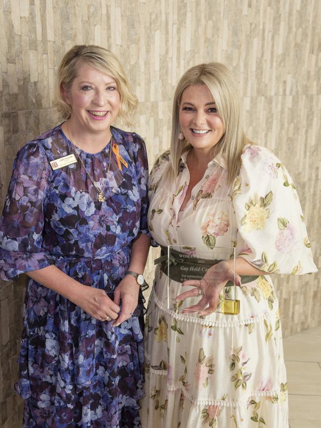 Zonta Club of Toowoomba President Libby Gleeson (left) congratulates 2023 Women of the Year Gay Hold-Carpenter at the International Women's Day lunch at Picnic Point, Friday, March 3, 2023. Picture: Kevin Farmer