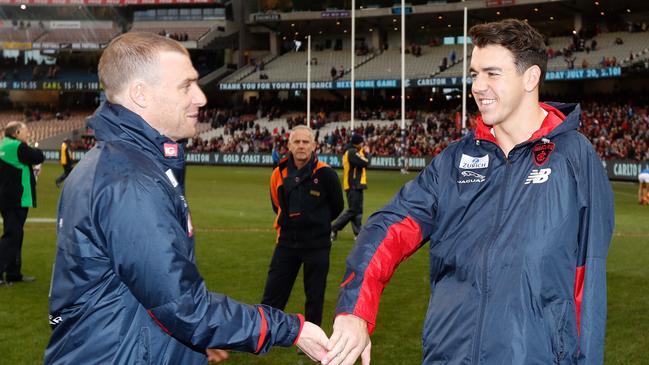 Simon Goodwin with Marty Hore after the Demons’ narrow win against Carlton. Picture: Michael Willson/AFL Photos via Getty Images