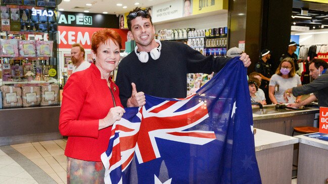 Pauline Hanson with Michael Frawley during a walk around an Adelaide shopping centre. Picture: NCA NewsWire/Brenton Edwards