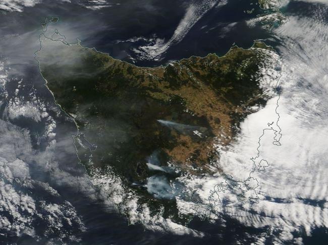 Satellite image of the fires burning in Tasmania on January 16, 2019. Picture: NASA