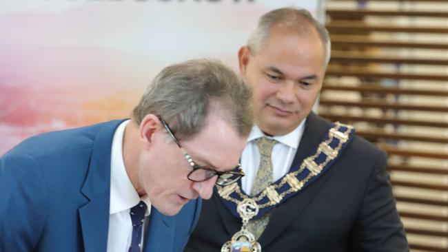 Mayor Tom Tate at Evandale, being sworn in by CEO Dale Dixon as Gold Coast Mayor for a third term. Picture: Glenn Hampson.