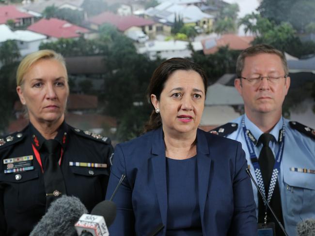 Premier Annastacia Palaszczuk at a press conference with police and emergency services chiefs