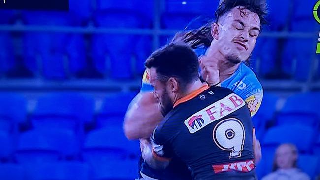 Api Koroisau is a huge inclusion for the Wests Tigers after missing a month with a broken jaw. Picture; Fox League