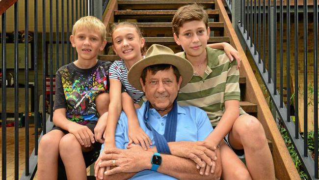 LUCKY TO BE ALIVE: Andrew Carmody and his family Carlo, 13, Ruby, 10 and Roman, 7 back at home in Mudjimba after a head-on crash last week. Picture: John McCutcheon