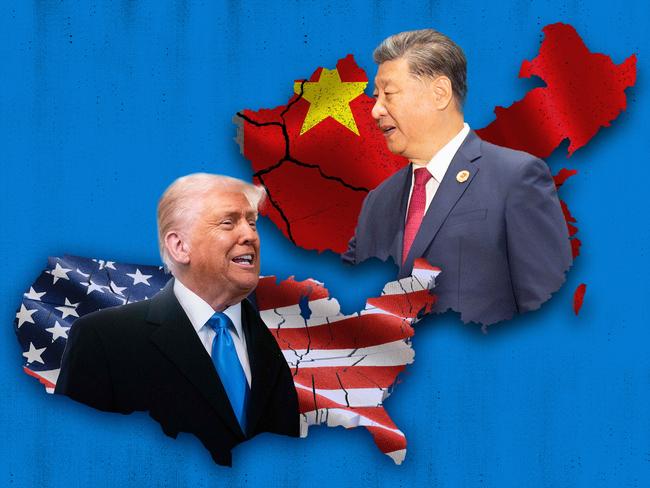 9 March 2025; A photo comp of Donald Trump and Xi Jinping floating on their countries with their respective flags behind the. Artwork by Emilia Tortorella. Sources: supplied and iStock. Ratio 4:3.