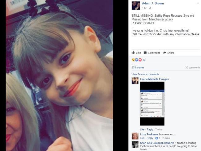 Saffie Rose Roussos was confirmed dead after family put a missing notice on Facebook.  Picture: Adam J. Brown / Facebook