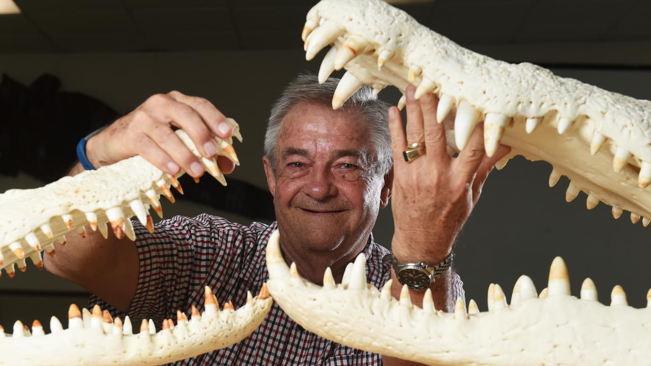 Professor Grahame Webb is pictured at Crocodylus Park with the skull of a 5.5m monster crocodile, right, with the 3.3m skull at left.
