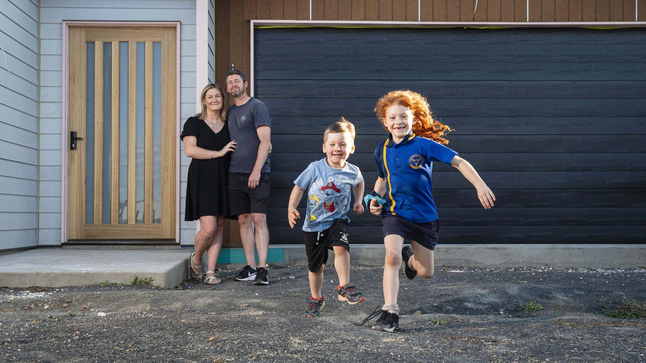 Rebecca and Tom Davies, with their kids Elsie and Bobby, are moving into Tuana Park Estate, a new 30-home subdivision in Pittsworth, Friday, November 1, 2024. Picture: Kevin Farmer