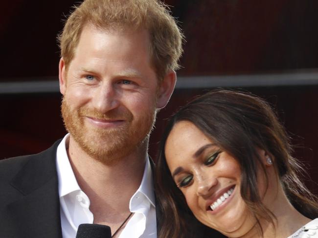 NEW YORK, NEW YORK - SEPTEMBER 25: Prince Harry, Duke of Sussex and Meghan, Duchess of Sussex speak onstage during Global Citizen Live, New York on September 25, 2021 in New York City. (Photo by John Lamparski/Getty Images,)