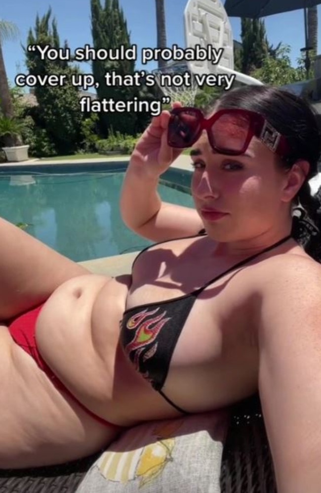 Emily Bispo has revealed she’s told to ‘cover up’ her ‘unflattering body’ when she wears bikinis. Picture: TikTok