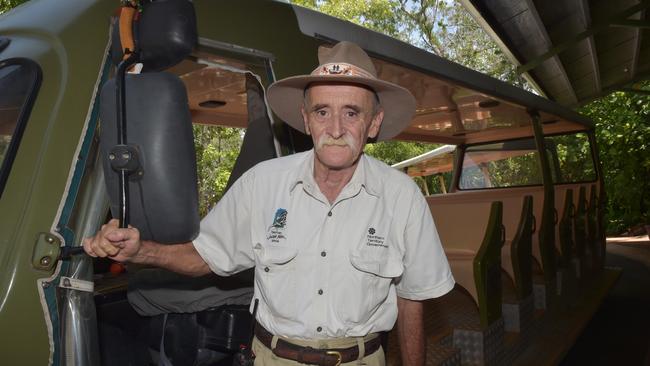 Territory Wildlife Park shuttle train driver Rod Whiteside pictured in 2015 ... social media speculation about the shutdown of the shuttle service is untrue, the Parks Department says