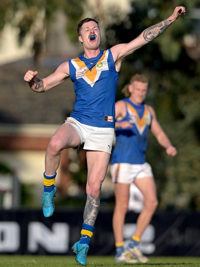 EFNL: Heathmont’s Liam Douglas celebrates a goal. Picture: Andy Brownbill