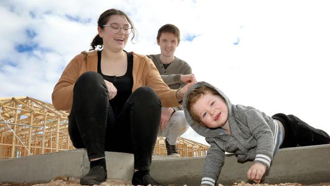 Bonnie, Jayden and Emerson Skeers at Riverlea where they will be building their first home. Picture: Dean Martin