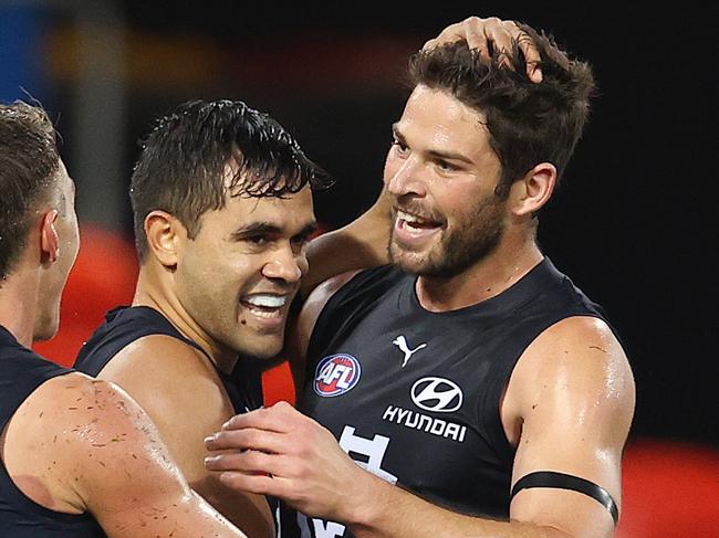 AFL Round 6.  Carlton vs Western Bulldogs at Metricon Stadium, Gold Coast. 12/07/2020.  Levi Casboult of the Blues celebrates his goal in the fourth quarter   . Pic: Michael Klein