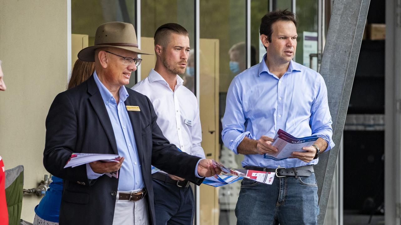 Sitting Labor member Shane Neumann, with LNP candidate Sam Biggins with Senator Matt Canavan at pre-poll voting for the Federal Election seat of Blair at Flinders View. Picture: Richard Walker