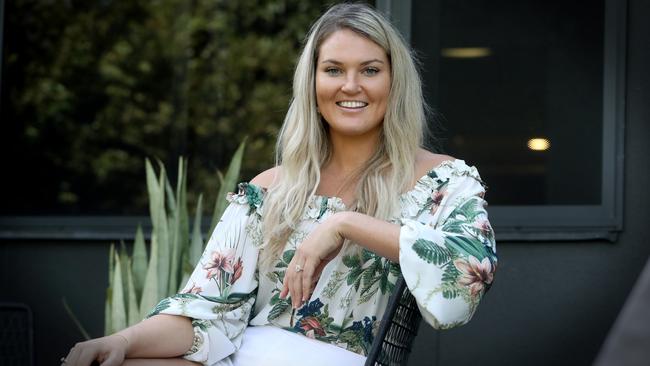 Firebirds netballer Gretel Bueta (nee Tippett) at home in Brisbane after announcing her pregnancy. Picture: Jamie Hanson