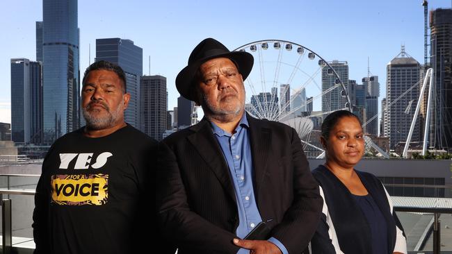 Mayor Wayne Butcher of Lockhart River, Noel Pearson and Mayor Keri Tamwoy of Aurukun addressed the Queensland Media Club on July 10 on the Voice. Picture: Liam Kidston