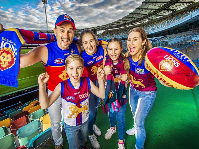 AFL Grand Final - Brisbane.Lions fans Chris and Yvette La Burniy with their children Henry, 8, Eva, 13 and Ruby, 11 would love to see the AFL Grand Final played at the GABBA.Picture: NIGEL HALLETT