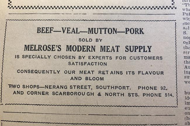 Melrose’ Modern Meat Supply in Southport. Gold Coast Bulletin advertising, 1945