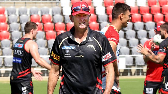 Wayne Bennett and players in the renamed stadium home of the Dolphins NRL team, Kayo Stadium, Redcliffe, on Wednesday 7th December 2022 – Photo Steve Pohlner