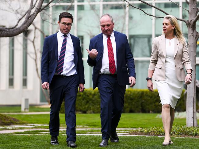 (L-R) Deputy Leader of the Nationals David Littleproud, Newly-elected Nationals Leader Barnaby Joyce and Leader of the Nationals in the Senate Bridget McKenzie arrive to speak to the media during a press conference at Parliament House in Canberra, Monday, June 21, 2021. Barnaby Joyce will return as leader of the Nationals after defeating Michael McCormack in a Nationals leadership spill. (AAP Image/Lukas Coch) NO ARCHIVING