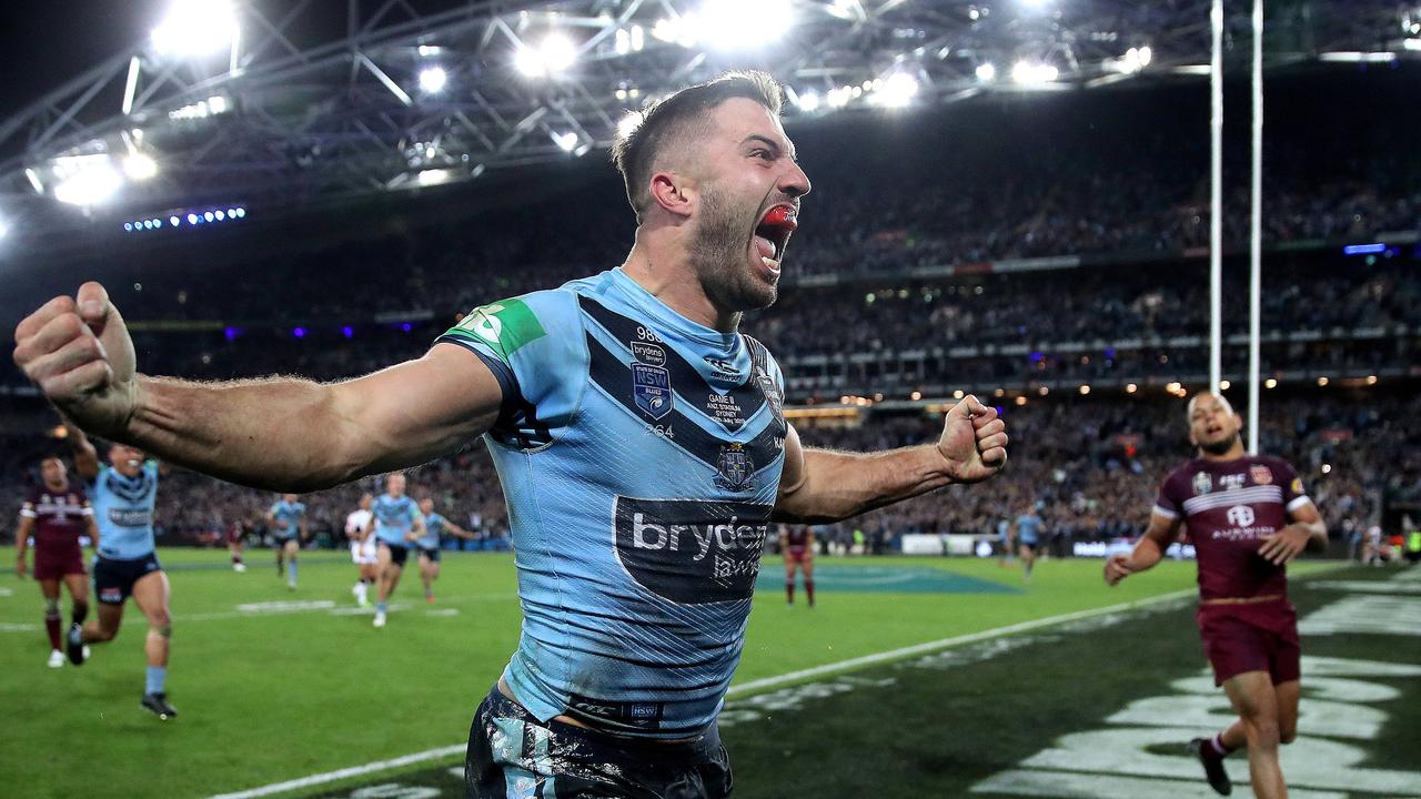 NSW's James Tedesco celebrates the winning try in 2019.