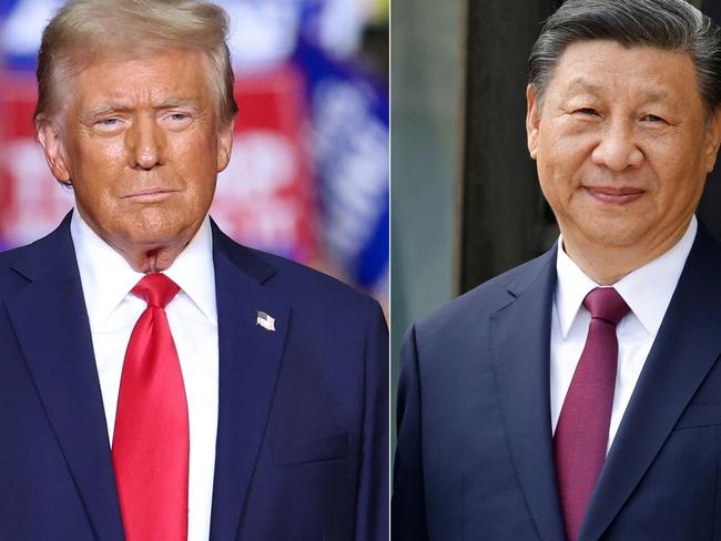 (COMBO) This combination of pictures created on November 07, 2024 shows former US President and Republican presidential candidate Donald Trump (L) looks on during a campaign rally at PPG Paints Arena in Pittsburgh, Pennsylvania on November 4, 2024, and france's President Emmanuel Macron greets Chinese President Xi Jinping (R) at The Elysee Presidential Palace in Paris on May 6, 2024. Chinese President Xi Jinping on November 7, 2024 said Beijing and Washington must find a way to 