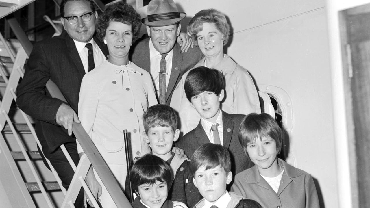 Historical Mercury Archives, File picture 27th October 1967, British migrants arrive in Hobart on board the Fairstar, Mr and Mrs P Schlander and family with Mr and Mrs Collighan and family, Negative Number G8426/1