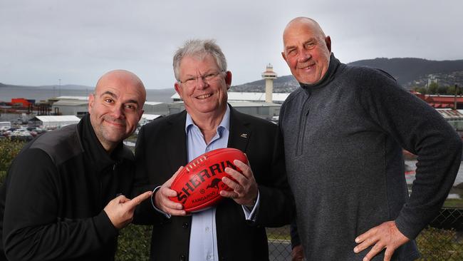 Performer and entertainment producer John X, Robert Mallett Hobart Chamber of Commerce and Garry Baker former AFL footballer are together voicing their support for an Arts, Entertainment and Sports stadium precinct at Macquarie Point. Picture: Nikki Davis-Jones