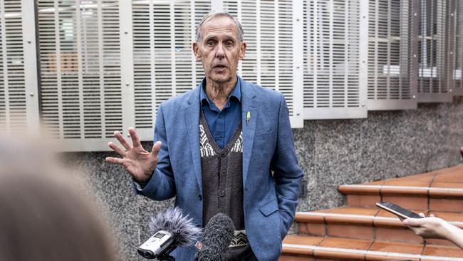 Bob Brown speaks outside the Hobart Magistrates Court after the sentencing. Picture: Eddie Safarik