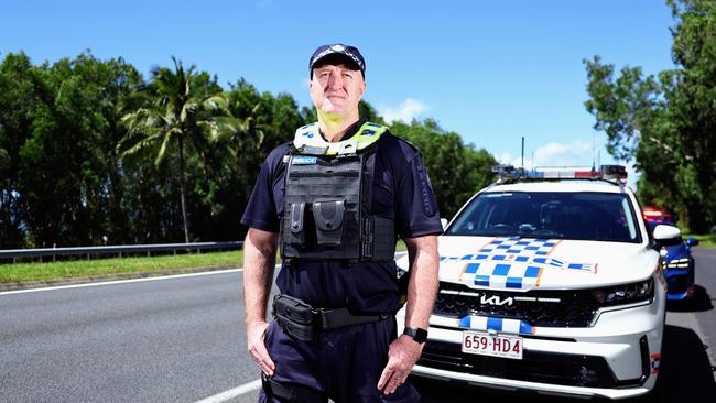 Senior Sergeant Craig Johnson from the Highway Patrol unit is part of Operation White Line to combat dangerous driver behaviours and increase awareness around motorbike safety over the summer. Picture: Brendan Radke