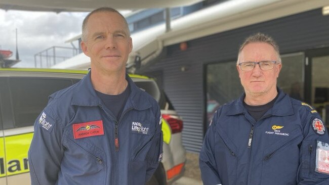 Pilot Andrew Caton and flight critical care paramedic Mick O'Brien were on scene to rescue two men from the ocean after their light aircraft lost an engine on Friday morning.