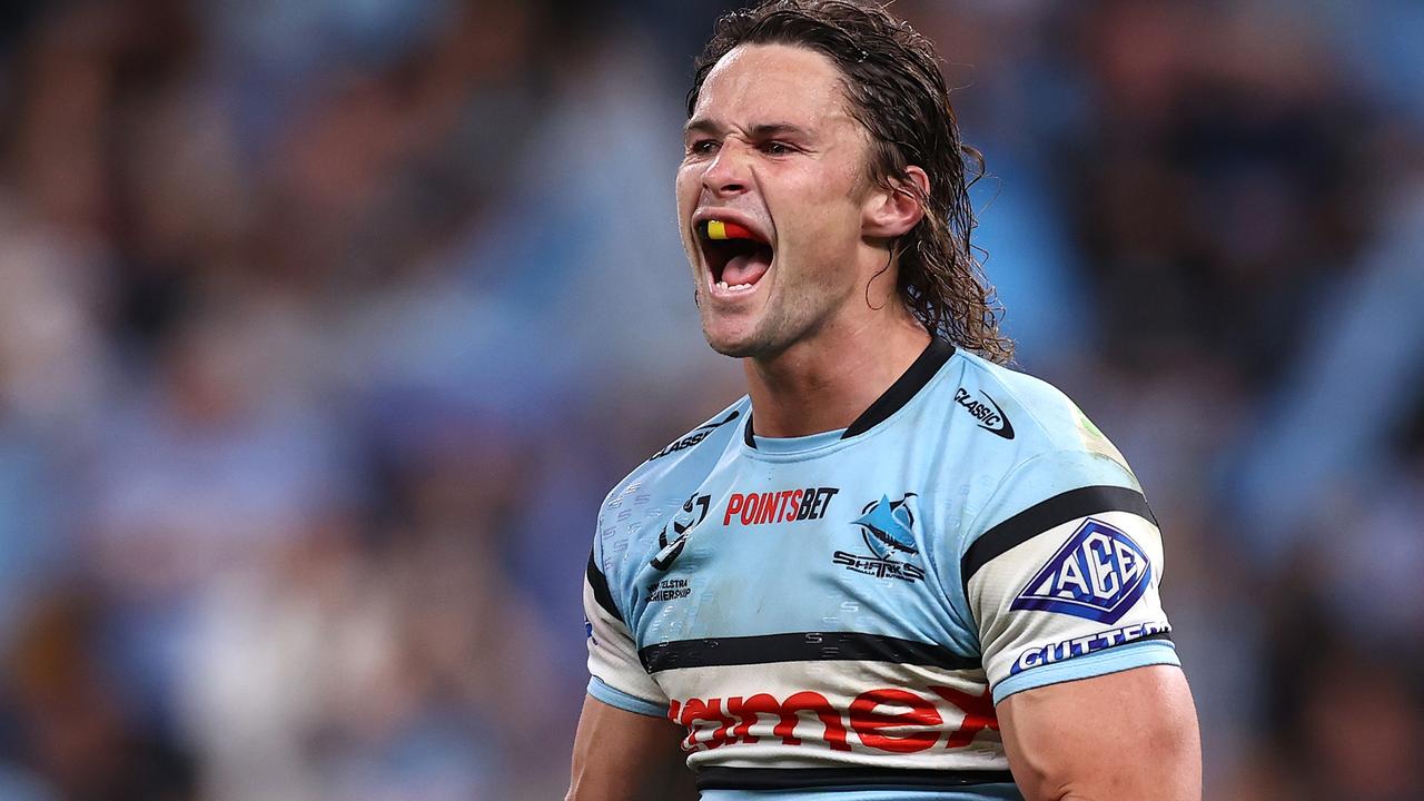 SYDNEY, AUSTRALIA - SEPTEMBER 20: Nicho Hynes of the Sharks celebrates winning the NRL Semi Final match between Cronulla Sharks and North Queensland Cowboys at Allianz Stadium on September 20, 2024 in Sydney, Australia. (Photo by Jason McCawley/Getty Images)