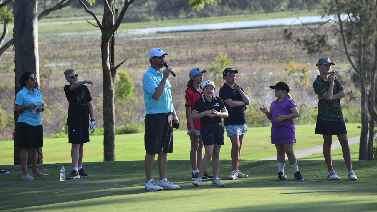 US Kids Golf Australian Open tournament director Gary Wright calls the next player to the tee in the shootout held in the lead-up to the event being played at the Rockhampton Golf Club on September 27 and 28.