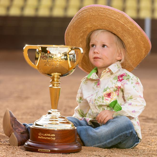 Mount Isa, QLD: The Melbourne Cup’s youngest fan, 2-year-old Georgia, shares the spotlight as the tour continues to the Mount Isa Mines Rodeo HQ. Picture: Jay Town