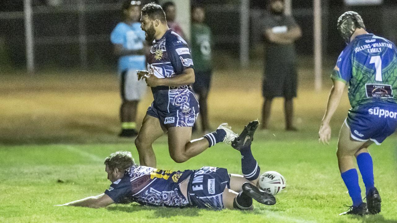 Ben Cook scores a try for Emus. 2023 TRL Cultural Cup, SW Qld Emus vs Pacific Nations Toowoomba. Saturday, February 25, 2023. Picture: Nev Madsen.