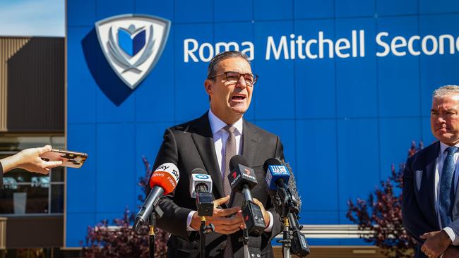 Premier Steven Marshall at Roma Mitchell Secondary College announcing the pop-up vax clinics for schools. Picture: Tom Huntley