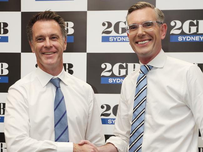 Daily telegraph February 9/2/23. NSW Premier Dominic Perrottet and NSW Labour leader Chris Minns at the 2GB studios for a debate .picture John Grainger