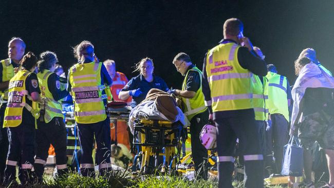 Emergency services flood the scene after the Sydney to Melbourne train derailed in Wallan. Picture: Jake Nowakowski