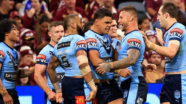 Latrell Mitchell celebrates a try in the 2021 State of Origin series. Picture: Adam Head