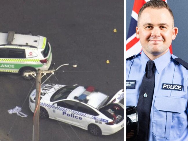 Police and an ambulance at the scene of the incident (left) and the deceased officer, Anthony Woods (right). Picture: Channel 7/WA Police