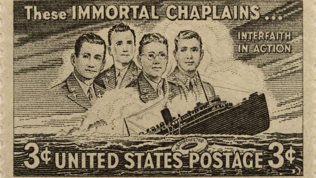 A 1948 US postage stamp honouring the Four Chaplains, four priests who gave their life jackets to others during the 1943 sinking of the USS Dorchester. Public domain image.