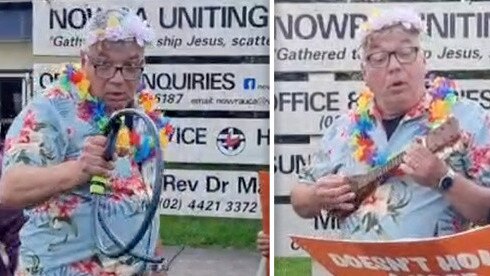 Arthur Rorris dressed up as ukelele-strumming, Hawaiian shirt-wearing Scott Morrison.