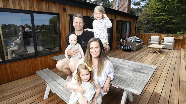 Jessica Robinson and her husband Vaughn with their kids Audrey, Harriet and Llewyn decided to sell their renovated Ocean Grove this year home to make the most of the red-hot market. Picture: Alex Coppel.